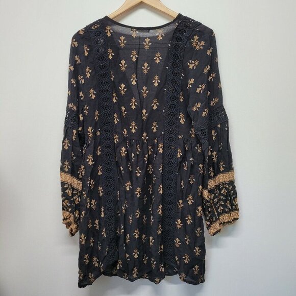 Honey Punch Black Brown Tan Floral Long Sleeve Mini Dress Size Medium Boho - Picture 2 of 11